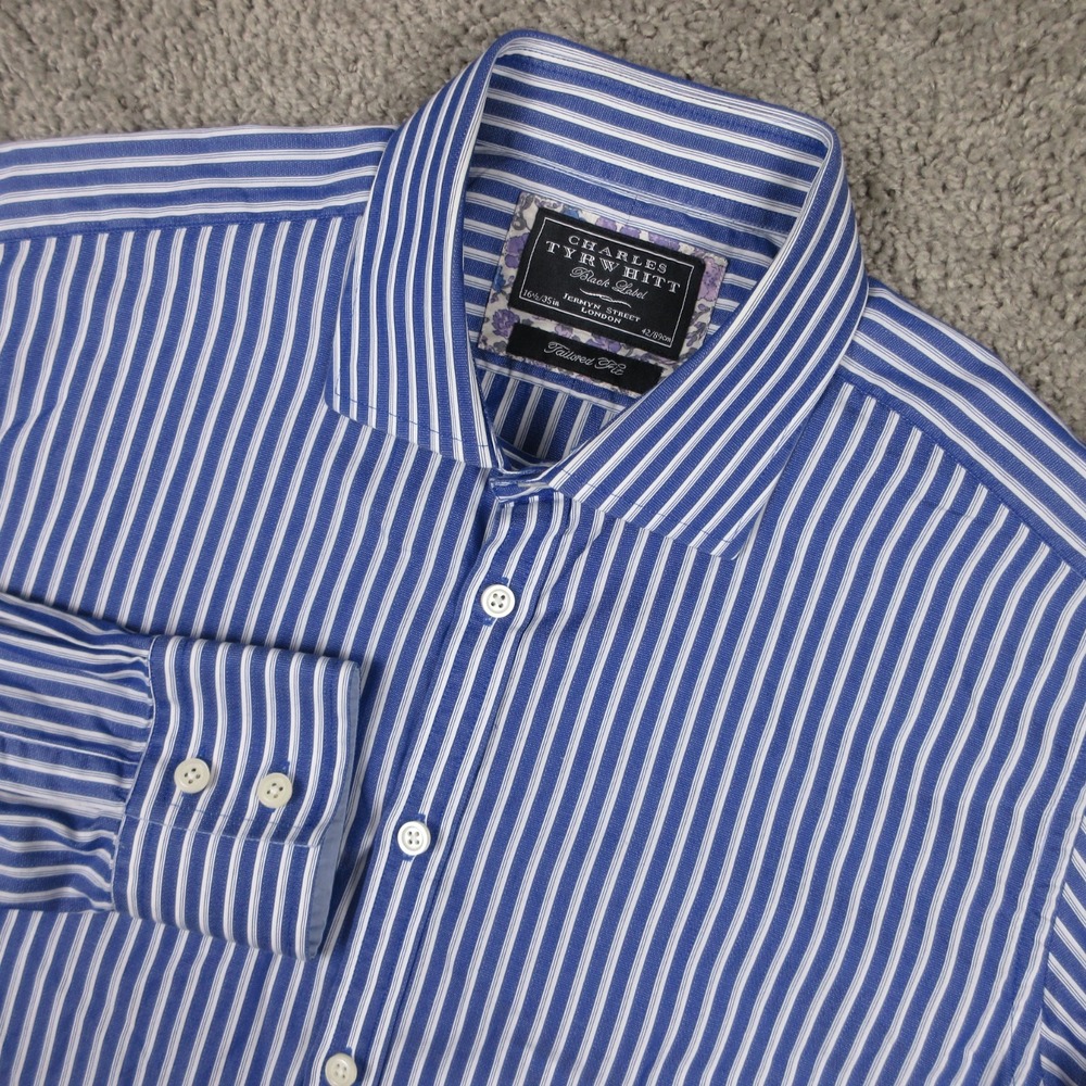 Charles Tyrwhitt Shirt Mens L 16.5 35 Blue Striped Tailored Fit Dress Button Up